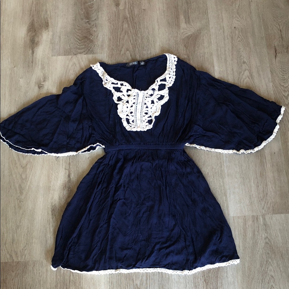 Girls cure dress size large Navy Blue Kids Dress with White Lace Trim